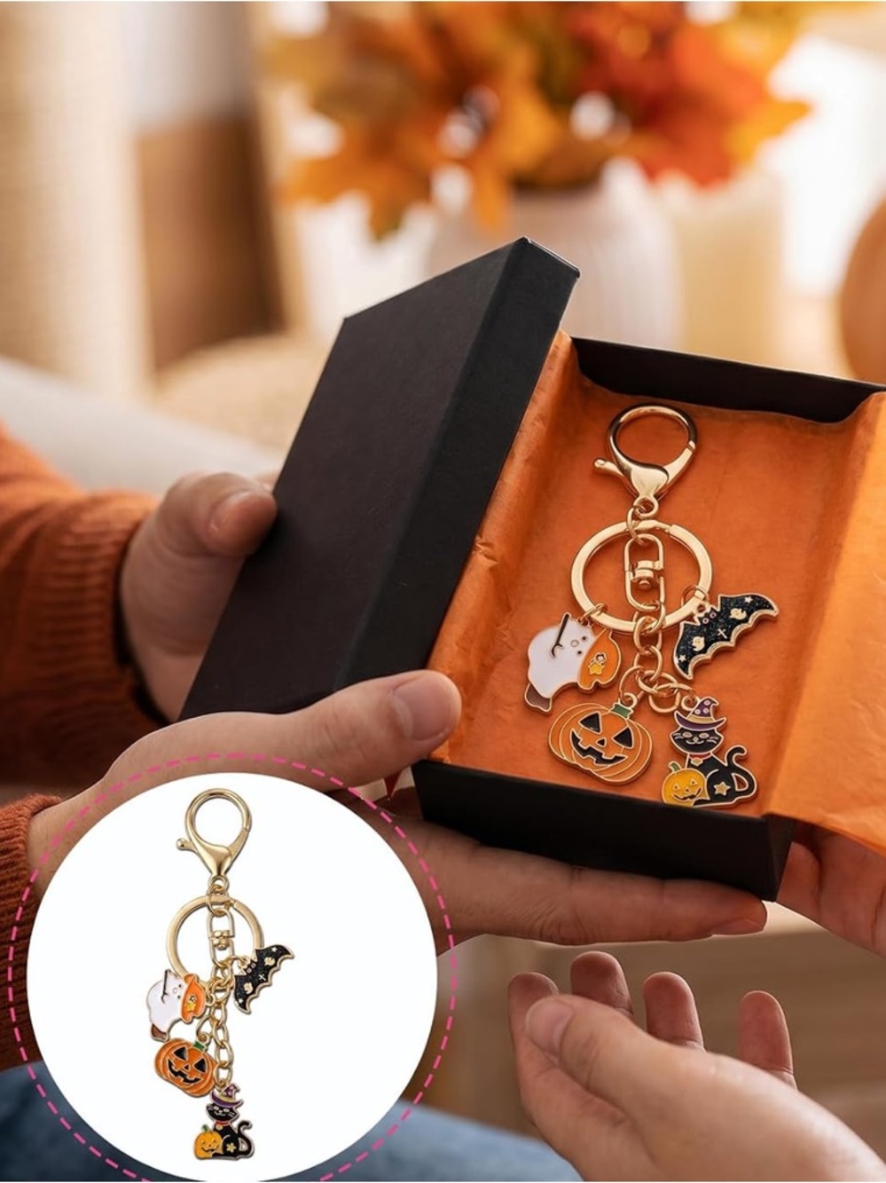 Halloween Charm Keychain - Gold Tone with Orange, Black, White Charms - Picture 6 of 6